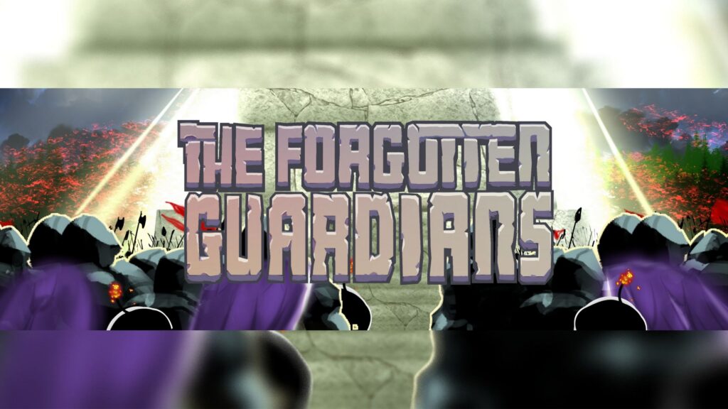 Game banner with text the forgotten guardians and soldiers storming in the background to attack the temple