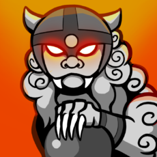 On of the main characters in our mobile game the forgotten guardians. Orange background, orange, glowy-eyes holding his hand on orb.