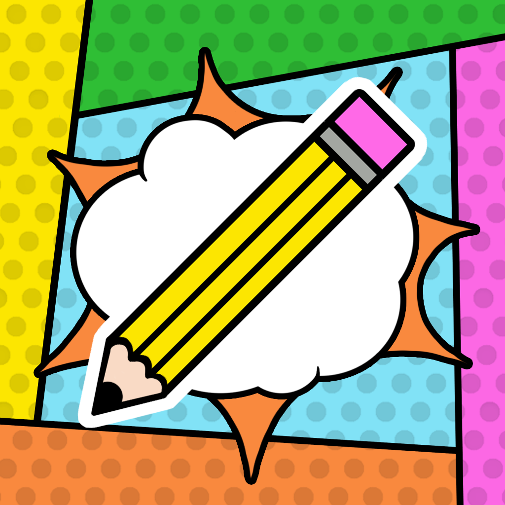 yellow Pencil in front of a white bubble. Background colors yellow, blue, orange, purple and green.