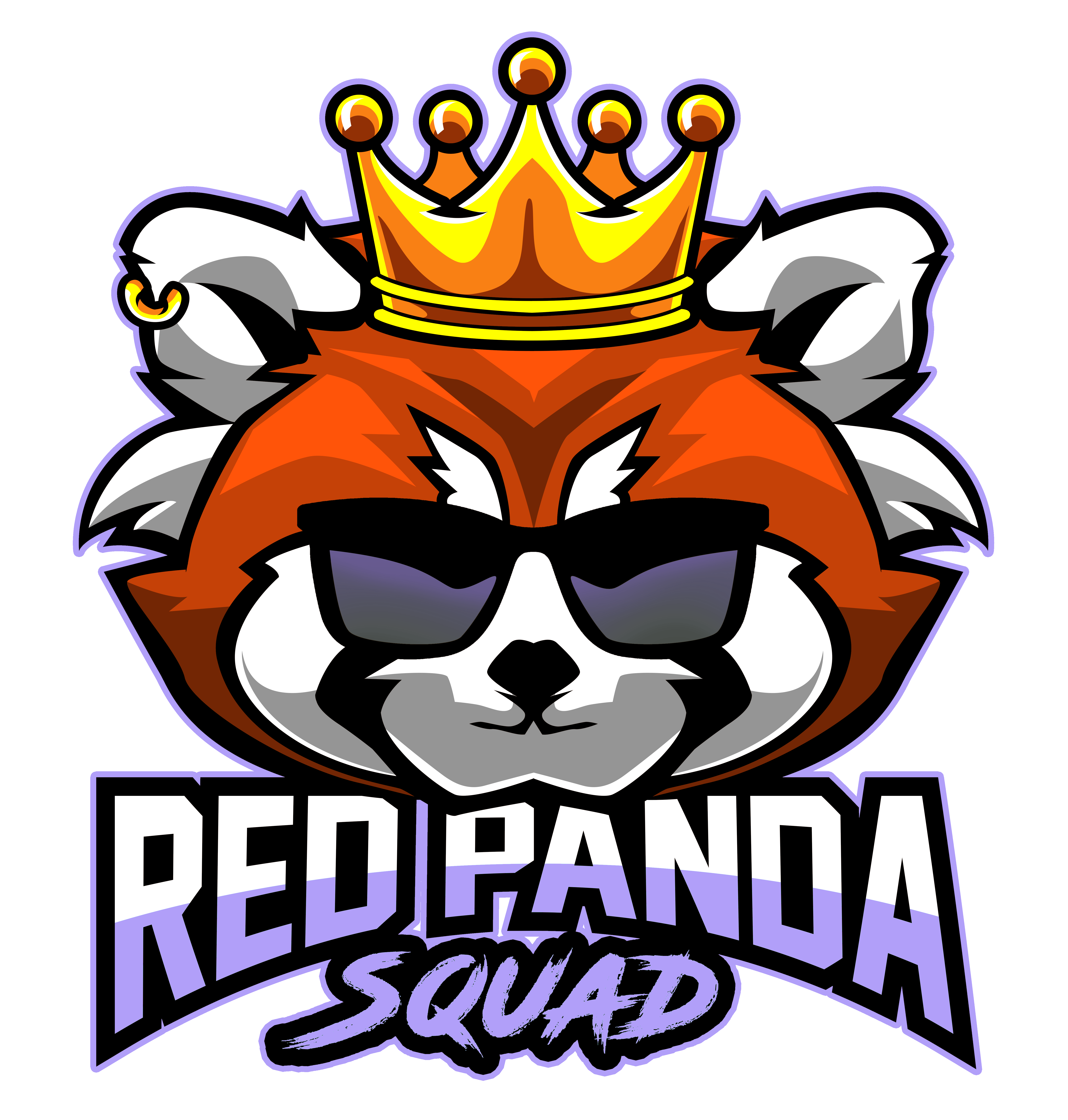 logo with text Red Panda Squad and image of red panda weaing sunglasses and crown.